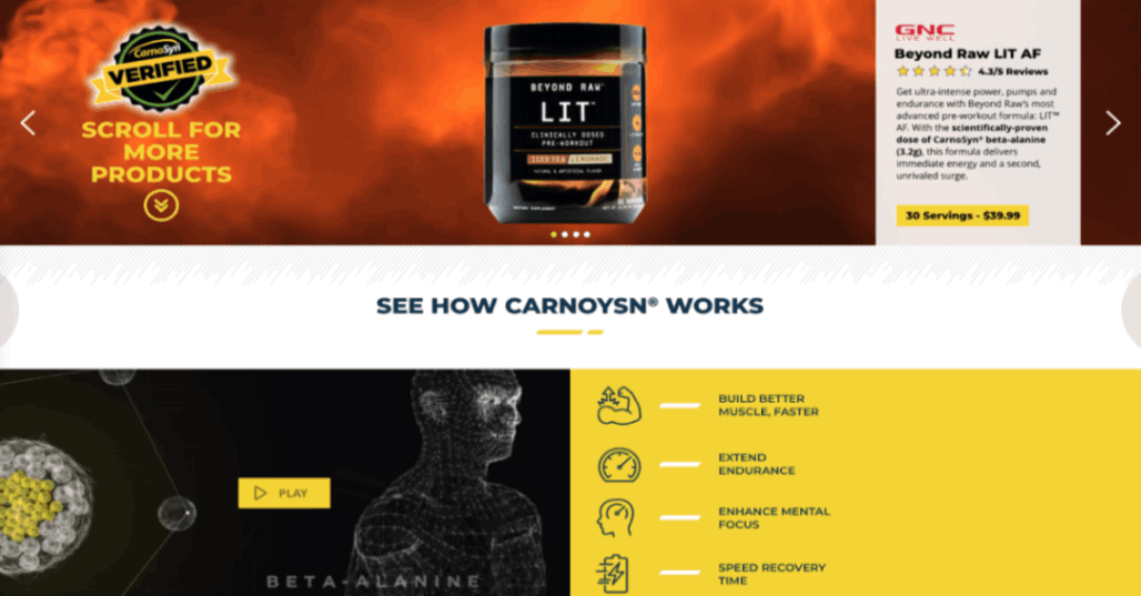 CarnoSyn beta-alanine Landing Page Screenshot